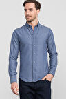 Erkek Slim Fit Dar Kesim Uzun Kollu Pamuklu Oxford Doku Lacivert Düğmeli Yaka Gömlek