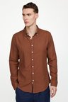Tudors Slim Fit Uzun Kol Biyeli Yaka Düğmeli Keten Erkek Kahve Gömlek