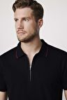Erkek Polo Yaka Slim Fit Pamuk Fermuarlı Pike Siyah Tişört