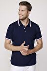 Erkek Polo Yaka Slim Fit Yaka Ve Kol Şeritli Pike Lacivert Tişört