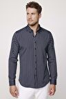 Slim Fit Pamuklu Kolay Ütü Çizgili Lacivert Erkek Gömlek