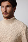 Slim Fit Dar Kesim Tam Balıkçı Yaka Desenli Bej Erkek Triko Kazak