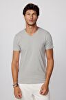 Slim Fit V Yaka Düz Basıc Kısa Kol Gri T-Shirt