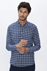 Erkek Regular Fit Klasik Kesim Düğmeli Yaka Küçük Kareli Pamuklu Lacivert Gömlek