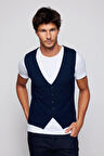 Slim Fit Desenli Lacivert Erkek Yelek