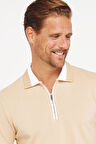 Erkek Slim Fit Dar Kesim %100 Pamuk Düz Pike Fermuarlı Kum Rengi Polo Yaka Tişört