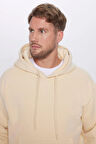 Unisex Oversize Geniş Kesim Pamuklu Yumuşak Dokulu İçi Polarlı Basic Bej Kapüşonlu Sweatshirt