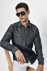Erkek Slim Fit Dar Kesim Denim Kot Yıkamalı Çift Cepli İndigo Spor Yaka Gömlek