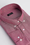 Erkek Big Size Büyük Beden Nakışlı Oxford Doku Cepli Kırmızı Yaka Düğmeli Gömlek