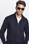 Erkek Slim Fit Dar Kesim Lacivert Dik Yaka Fermuarlı Düz Hırka