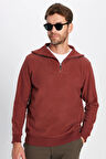 Unisex Relax Fit Rahat Kesim Desenli Pamuklu Yarım Fermuarlı Kiremit Renk Dik Yaka Sweatshirt