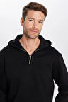 Unisex Relax Fit Rahat Kesim Pamuklu İçi Polarlı Yarım Fermuarlı Siyah Kapüşonlu Sweatshirt
