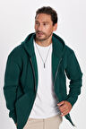 Unisex Relax Fit Rahat Kesim Pamuklu İçi Polarlı Çift Cepli Fermuarlı Yeşil Kapüşonlu Sweatshirt