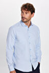 Modern Slim Fit Uzun Kollu Pamuklu Kolay Ütü Armürlü Mavi Erkek Gömlek