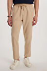 Erkek Beli Lastikli Bağcıklı Jogger Bej Pantolon Rahat Kesim Yan Cepli