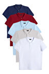 Erkek 5'li Paket Bordo-Gri-Lacivert-Beyaz-Mavi Slim Fit Dar Kesim Pamuklu Düz Pike Polo Yaka Tişört