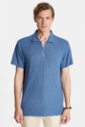 Erkek Slim Fit Dar Kesim Viskon Fermuarlı Polo Yaka Mavi Tişört