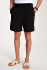 Erkek Regular Rahat Kesim Beli Lastikli ve Kordonlu Yandan Cepli Siyah Bermuda Şort