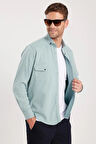 Erkek Regular Fit Rahat Kesim Çift Cepli Spor Yaka Denim Mint Gömlek