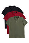 Erkek 3'lü Paket Siyah-Bordo-Haki Slim Fit Dar Kesim Pamuklu Düz Pike Polo Yaka Tişört