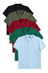 Erkek 5'li Paket Siyah-Haki-Bordo-Zümrüt Yeşili-Mavi Slim Fit Pamuklu Düz Pike Polo Yaka Tişört