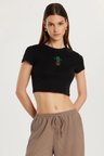 Kadın Slim Fit Dar Kesim %100 Pamuk Bisiklet Yaka Baskılı Siyah Crop Tişört