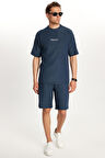 Erkek Standart Fit Pamuklu Jakarlı Baskılı Bisiklet Yaka Beli Bağcıklı Lacivert Şort Takım