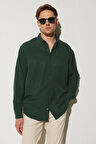 Oversize Mevsimlik Keten Dokulu Bol Kalıp Uzun Kollu Rahat Kullanım Erkek Yeşil Gömlek