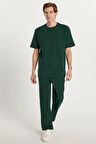 Erkek Standart Fit Normal Kesim Pamuklu Bisiklet Yaka Beli Bağcıklı Haki Eşofman Takımı