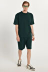 Erkek Standart Fit Normal Kesim Pamuklu Bisiklet Yaka Beli Bağcıklı Yeşil Şort Takım