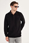 Erkek Standart Fit Pamuklu Selanik Kumaş Yarım Fermuarlı Polo Yaka Baskılı Siyah Sweatshirt