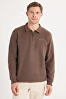 Erkek Standart Fit Pamuklu Selanik Kumaş Yarım Fermuarlı Polo Yaka Baskılı Tütün Rengi Sweatshirt
