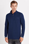Erkek Slim Fit Dar Kesim Pamuklu Yarım Fermuarlı Dik Yaka Lacivert Sweatshirt