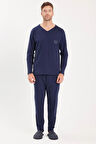 Erkek Standart Fit %100 Pamuk V Yaka Beli Lastikli Lacivert Pijama Takımı