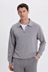 Erkek Relax Fit Rahat Kesim Pamuklu 3 İplik Fermuarlı Polo Yaka Gri Sweatshirt