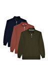 Unisex 3'lü Paket Lacivert-Kahverengi-Yeşil Relax Fit Pamuklu Yarım Fermuarlı Dik Yaka Sweatshirt