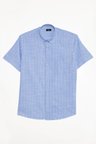 Erkek Regular Fit Klasik Kesim Oversize %100 Pamuk Keten Doku Tek Cepli Çizgili Kısa Kollu Mavi Gömlek