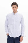 Erkek Slim Fit Dar Kesim %100 Pamuk Düğmeli Yaka Çizgili Uzun Kollu Cepli Keten Efektli Mavi Gömlek