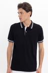 Erkek Slim Fit Dar Kesim %100 Pamuk Düz Pike Yaka ve Kol Detaylı Siyah Polo Yaka Tişört