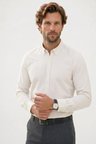 Erkek Slim Fit Dar Kesim %100 Pamuk Düğmeli Yaka Flam Keten Ekru Gömlek