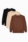 Erkek 3'lü Kahverengi-Taş-Siyah Relax Fit Rahat Kesim %100 Pamuk 2 İplik Bisiklet Yaka Sweatshirt