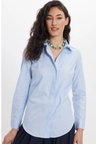 Kadın Slim Fit Dar Kesim %100 Pamuk Spor Yaka Gizli Pat Uzun Kollu Düz Oxford Leke Tutmaz Mavi Gömlek