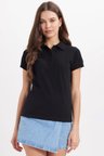 Kadın Slim Fit Dar Kesim %100 Pamuk Polo Yaka Siyah Pike Tişört 