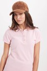 Kadın Slim Fit Dar Kesim %100 Pamuk Polo Yaka Pembe Pike Tişört 