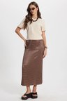 Kadın Slim Fit Dar Kesim Yüksek Bel Midi Boy Viskon Puantiyeli Kahverengi Etek