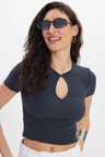 Kadın Slim Fit Dar Kesim %100 Pamuk Bisiklet Yaka Kısa Kol Antrasit Crop