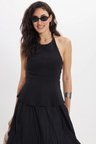 Kadın Slim Fit Dar Kesim  %100 Pamuk Boyundan Bağlamalı Sıfır Kol Siyah Bluz