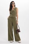 Kadın Slim Fit Dar Kesim %100 Pamuk V Yaka Çift Cepli Haki Yelek Pantolon Takım
