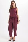 Kadın Standart Fit Normal Kesim Likralı Kolsuz Bisiklet Yaka Bluz Geniş Paça Bordo Pantolon Takım