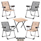 4 Adet Katlanır Kamp Sandalyesi ve Masa Seti - Rock - Kül Gri / Bej - Bardaklıklı - 140 KG